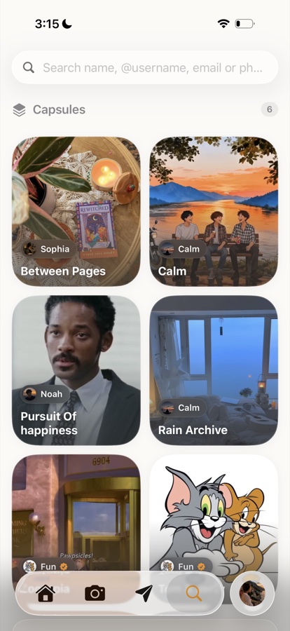 Capsule search screen showing capsule cards